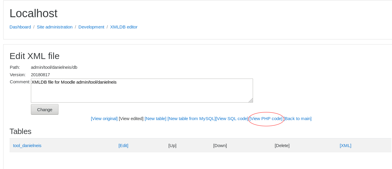 An image showing the XMLDB Editor, highlighting the 'View PHP Code' link